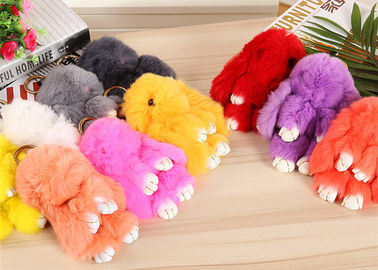 China Colorful Real Fur Bunny Keychain In Stock , Furry Animal Keychain For Charm Bag supplier